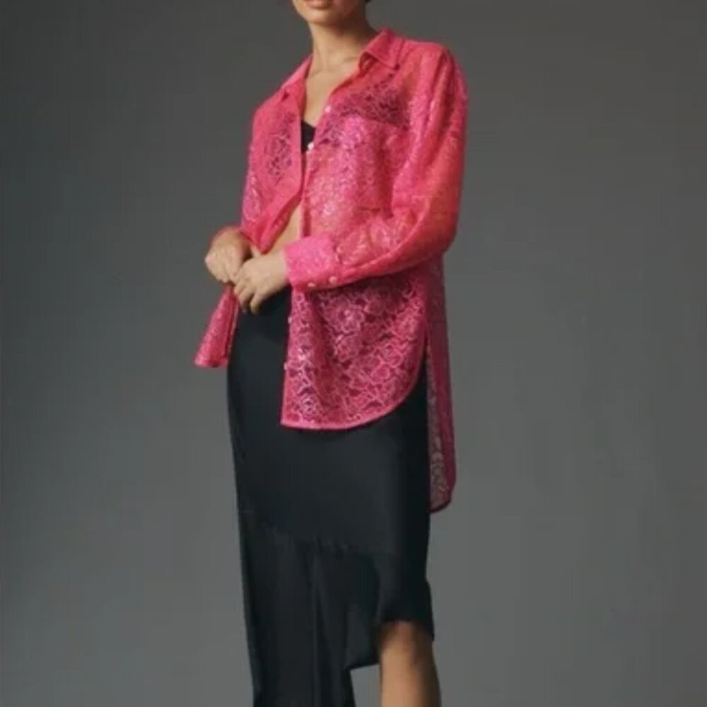 Anthropologie Neon Pink Glitter Lace Shirt Dress - NWT - Size S